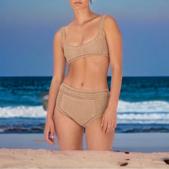She Made Me x Free People Naira S 4/6 Tan Brown 2pc Crochet High Waist Handmade - Picture 8 of 15